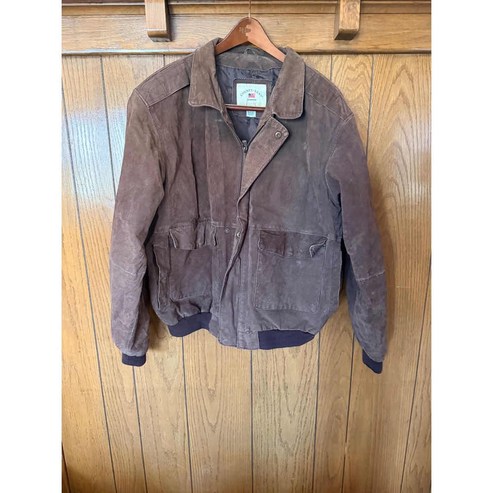 County Seat Mens Brown Genuine Leather Suede Bomber Jacket Vintage Large L Zip